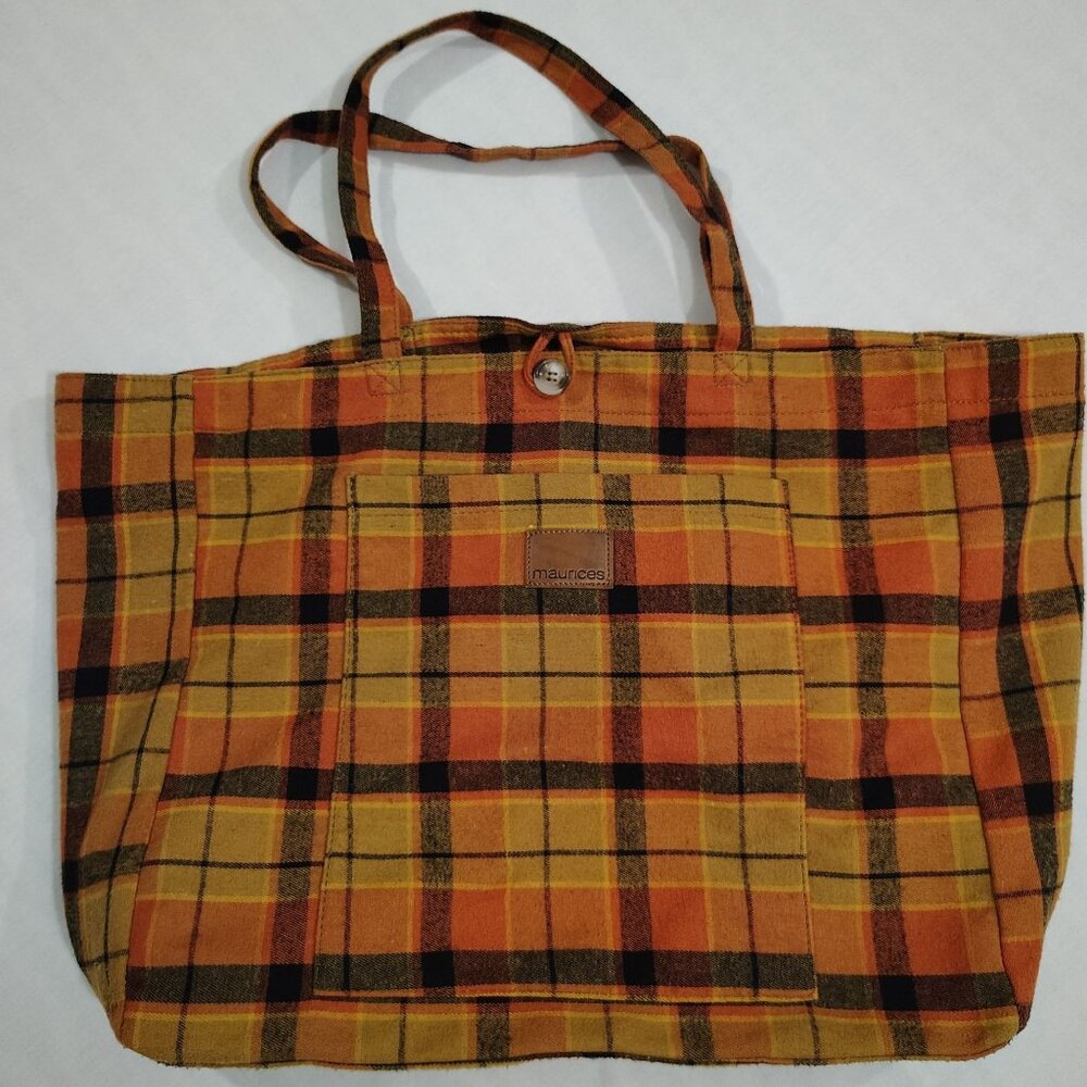 Maurices Plaid Flannel Tote Bag Button Closure Front Pocket Striped Lining